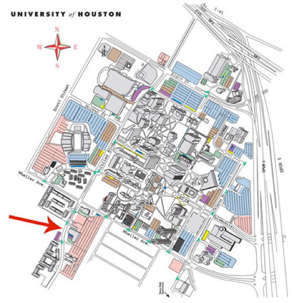 Map of the campus with the PRSC building pointed to with a red arrow