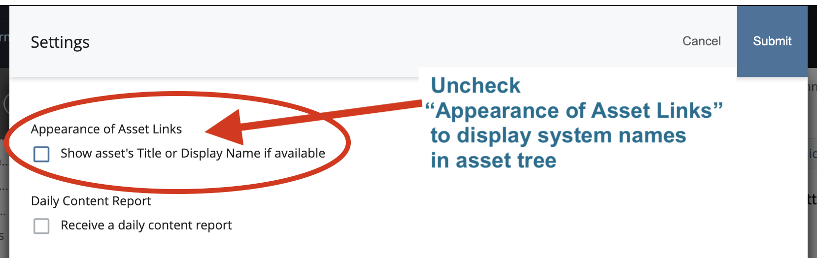 User Setting: Appearance of Asset Links - uncheck to show system names